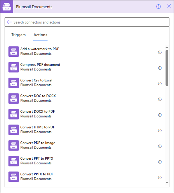 Plumsail Documents actions that are available for use with a subscription
